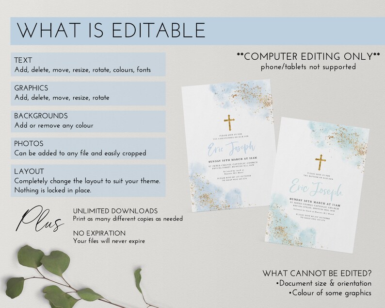 thumbnail interactive-video image 1 of YOU PRINT – Baptism Christening Invitation For Boys – Blue Gold Theme – Personalise 1 of 6