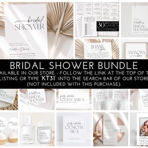 May include: A collection of bridal shower stationery and decorations. The image includes invitations, games, food labels, cupcake toppers, hand sanitizer labels, and a custom sign. The text includes "Bridal Shower" and "Halle Davies".