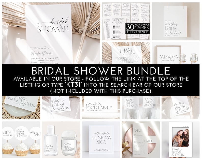 May include: A collection of bridal shower stationery and decorations. The image includes invitations, games, food labels, cupcake toppers, hand sanitizer labels, and a custom sign. The text includes "Bridal Shower" and "Halle Davies".