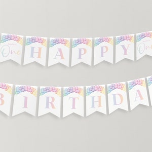 Pastel Rainbow Birthday Banner Printable, Happy Birthday Banner, First Birthday Decor, Rainbow Birthday Party Banner, Girl Birthday Banner