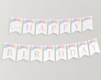 Pastel Rainbow Birthday Banner Printable, Happy Birthday Banner, First Birthday Decor, Rainbow Birthday Party Banner, Girl Birthday Banner