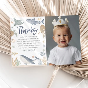 Under the Sea Thank You Card Template, Printable Thank You Card, Oneder the Sea 1st Birthday Thank You Card Editable Template Sea Animals