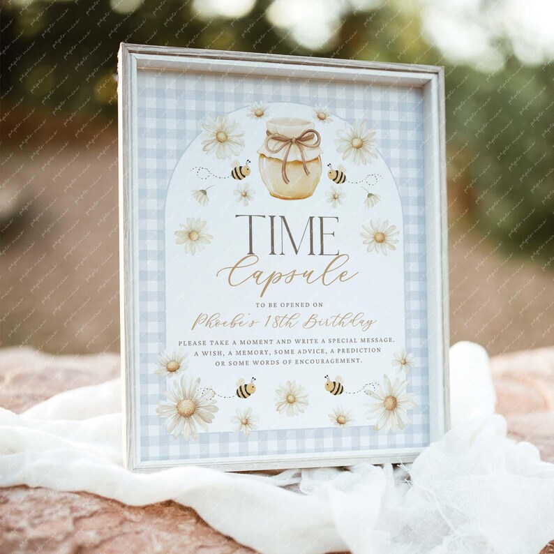 Bee 1st Birthday Time Capsule Sign: Blue Gingham Daisies (canva ...