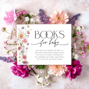 Wildflower Books For Baby Card Printable, Book Request Card, Baby in Bloom Baby Shower Books, Purple Flowers, Pink Floral Books For Baby