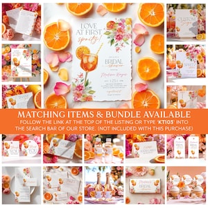 May include: A collection of bridal shower stationery with an orange and floral theme. The invitation reads "Love at First Spritz!" with the bride's name and date. Other items include thank you cards, tags, and food labels.
