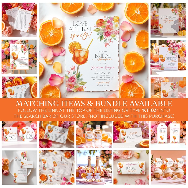 May include: A collection of bridal shower stationery with an orange and floral theme. The invitation reads "Love at First Spritz!" with the bride's name and date. Other items include thank you cards, tags, and food labels.