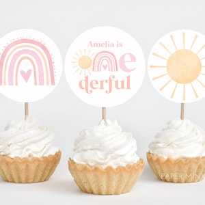 Rainbow Cupcake Toppers, Printable Cupcake Topper, Miss Onederful 1st Birthday Editable Cupcake Toppers, Rainbow Sun Onederful 1st Birthday
