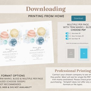 Op de afbeelding: Een digitale download voor een printbare uitnodiging voor een eerste verjaardag. De uitnodiging heeft een aquarel achtergrond met planeten en sterren in tinten blauw, roze en goud. De tekst op de uitnodiging luidt "Eerste reis rond de zon" en "Oliver wordt 1 jaar".