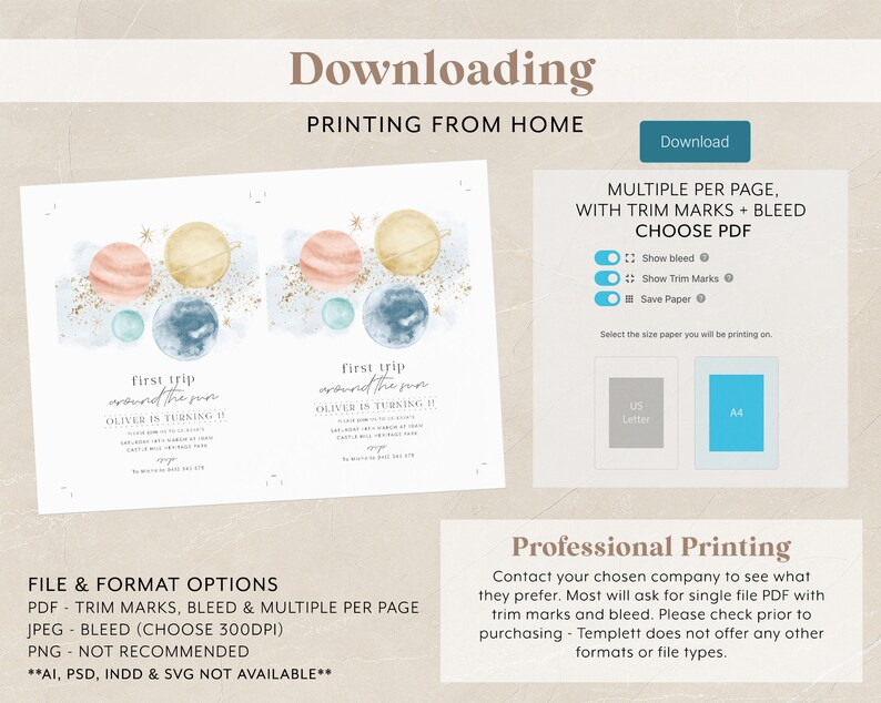 Op de afbeelding: Een digitale download voor een printbare uitnodiging voor een eerste verjaardag. De uitnodiging heeft een aquarel achtergrond met planeten en sterren in tinten blauw, roze en goud. De tekst op de uitnodiging luidt "Eerste reis rond de zon" en "Oliver wordt 1 jaar".