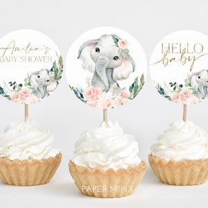 Elephant Cupcake Toppers, Girl Baby Shower Cupcake Toppers, Printable Pink Floral Baby Shower Cupcake Topper, Editable Cupcake Toppers Baby