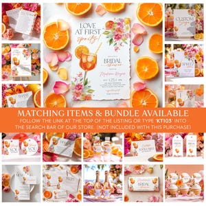 Puede incluir: Un conjunto de papeler&iacute;a para despedida de soltera con tem&aacute;tica de naranja y flores. La invitaci&oacute;n dice "Love at First Spritz!" con el nombre y la fecha de la novia. Otros art&iacute;culos incluyen tarjetas de agradecimiento, etiquetas y etiquetas de alimentos.