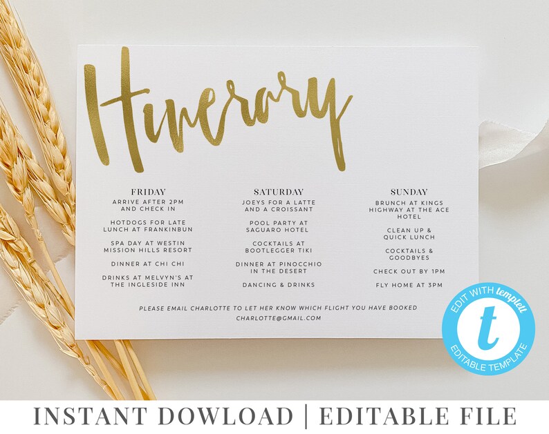 Gold and White Itinerary Birthday Weekend Hens Party Bachelorette Weekend Itinerary Printable Itinerary Template Editable
