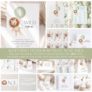 May include: A set of printable party decorations for a first birthday with a wild one theme. The decorations feature a lion with a green balloon that says "1". The set includes a banner, cupcake toppers, food labels, thank you tags, and a welcome sign.