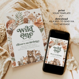 May include: A printable invitation for a first birthday party with a woodland theme. The invitation features a brown bear, a fox, a rabbit, an owl, and a raccoon. The text on the invitation reads "Wild One" and "Oliver's 1st Birthday".