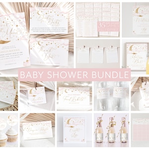 Over the Moon Baby Shower Invitation Bundle, Printable Baby Shower Moon Stars Invitation Editable Games, Girl Baby Shower Decorations Pink