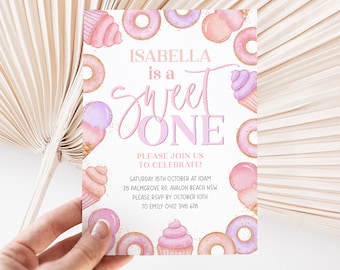 Sweet One Birthday Invitation, Pink Girls 1st Birthday Party, Donut Cupcake Ice Cream Invitation, Candyland First Birthday Party Invitation
