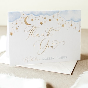 Moon Stars Thank You Card Template, Printable Thank You Card, Blue Over the Moon Baby Shower Thank You Card, Twinkle Twinkle Star Thank You