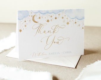 Moon Stars Thank You Card Template, Printable Thank You Card, Blue Over the Moon Baby Shower Thank You Card, Twinkle Twinkle Star Thank You