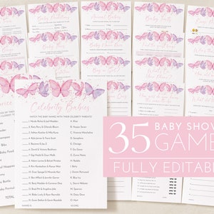 Butterfly Baby Shower Games, Butterfly Games, Baby Shower Games Printable, Pink Purple Butterflies, Girl Baby Shower Games Bundle Templates