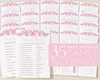 Op de afbeelding: Een set van 35 printbare babyshower-spellen met een roze en paarse vlinderthema. De spellen zijn volledig bewerkbaar en bevatten titels zoals "Babytradities", "De prijs is goed", "Bekende baby's" en "Wie is die gast?"