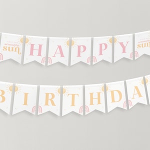 First Trip Around the Sun Birthday Banner Printable, Happy Birthday Banner, 1st Birthday Decor, Rainbow Birthday Party Banner Editable Girl