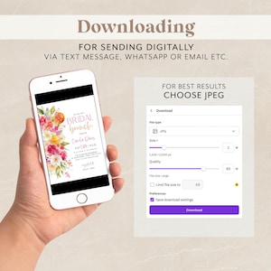 May include: A smartphone screen shows a floral bridal brunch invitation. The screen displays the text "BRIDAL brunch" and event details. The image also includes a download menu with JPEG file type and size options.