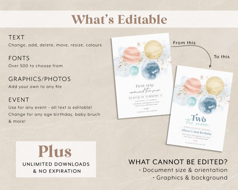 May include: Editable invitation template featuring a watercolour illustration of planets and stars. The text reads "First trip around the sun Oliver is turning 1" and "Two the moon Oliver's 2nd Birthday".