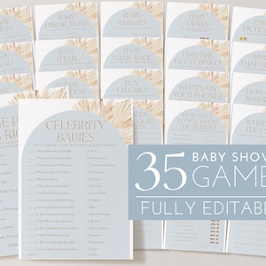 Blauwe baby shower spelletjes, Boho Boy baby shower bewerkbare games, afdrukbare games, baby games pack, boog baby shower games, blauwe jongen gedroogde palmen