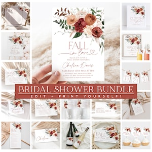 Fall in Love Bridal Shower Invitation Bundle, Fall Floral Bridal Shower Invitation Game Bundle, Editable Games, Fall Bridal Shower Printable