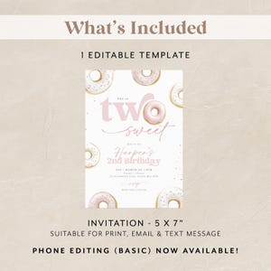May include: A printable invitation for a 2nd birthday party. The invitation features a pink and white donut theme with the text "She is two sweet" and "Harper's 2nd Birthday".