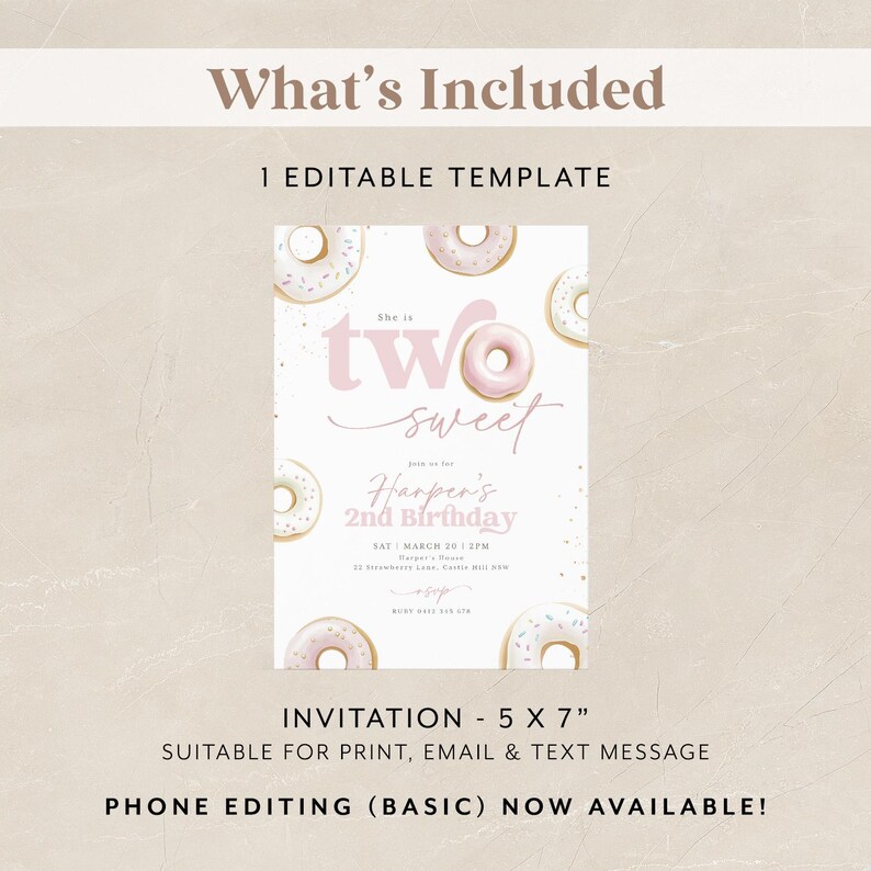 May include: A printable invitation for a 2nd birthday party. The invitation features a pink and white donut theme with the text "She is two sweet" and "Harper's 2nd Birthday".