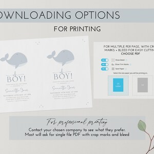 Op de afbeelding: Een babyborrel uitnodiging ontwerp met een walvis illustratie en de tekst "Oh Boy!". De uitnodiging bevat details zoals datum, tijd en locatie. De afbeelding toont ook afdrukopties, inclusief afloop en snijtekens, en papierformaat selectie.