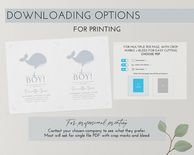 Op de afbeelding: Een babyborrel uitnodiging ontwerp met een walvis illustratie en de tekst "Oh Boy!". De uitnodiging bevat details zoals datum, tijd en locatie. De afbeelding toont ook afdrukopties, inclusief afloop en snijtekens, en papierformaat selectie.