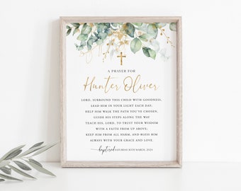 Baptism Prayer Sign 8x10, Greenery Baptism Prayer Sign, Christening Prayer Sign, Printable Baptism Signs, Greenery and Gold Baptism Signs