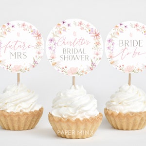 Wildflower Cupcake Toppers, Bridal Shower Cupcake Toppers, Printable Cupcake Topper, Editable Cupcake Toppers, Pink Floral Bridal Cupcake