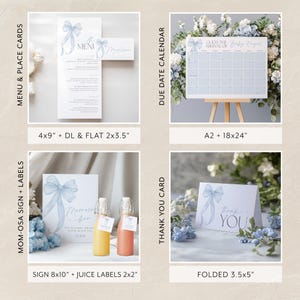 May include: A set of printable baby shower party decorations featuring a blue watercolor bow design. The set includes a menu and place cards, a due date calendar, a sign, juice labels, and a thank you card. The text on the sign reads "Momosa Bar".