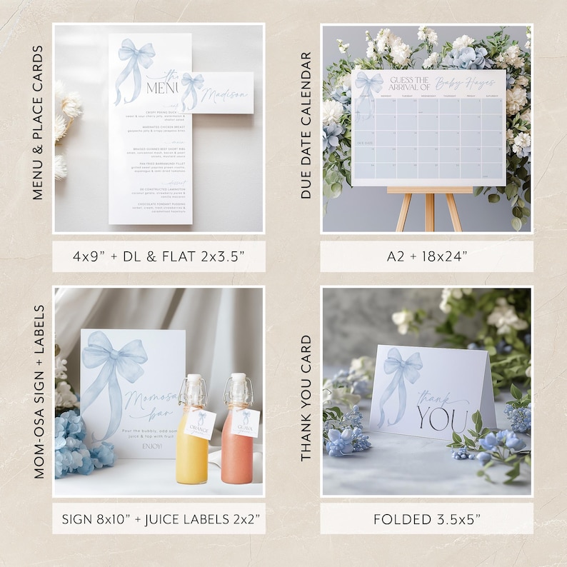 May include: A set of printable baby shower party decorations featuring a blue watercolor bow design. The set includes a menu and place cards, a due date calendar, a sign, juice labels, and a thank you card. The text on the sign reads "Momosa Bar".