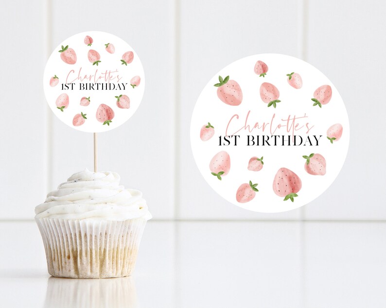 Berry Cupcake Toppers, Printable Cupcake Topper, Strawberry Cupcake Topper, 1st Birthday Editable Cupcake Toppers, Berry First Birthday Girl image 5