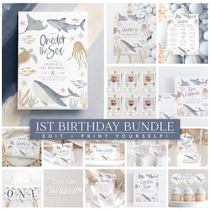 May include: A printable 1st birthday party bundle with an under the sea theme. The bundle includes a variety of items such as invitations, food labels, a time capsule, a banner, and cupcake toppers. The items are decorated with watercolor illustrations of sea creatures, including a whale, a shark, a jellyfish, and a starfish.