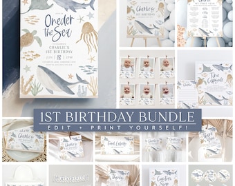 Oneder the Sea Birthday Invitation Bundle, Under the Sea 1st Birthday Invite, 1st Birthday Boy, Under the Sea Party Decorations Ocean Animal