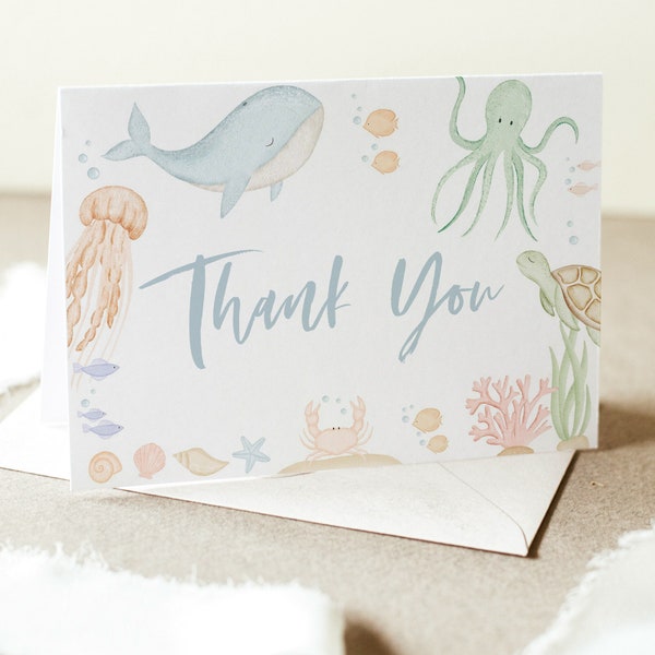 Under the Sea Thank You Card Template, Printable Thank You Card, Ocean Animals Baby Shower Thank You Card, Under the Sea Baby Shower Card