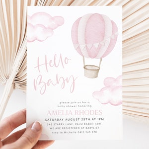 Hot Air Balloon Baby Shower Invitation, Hot Air Balloon Invite, Up Up and Away, Adventure Awaits, Travel, Pink Hot Air Balloon Baby Girl