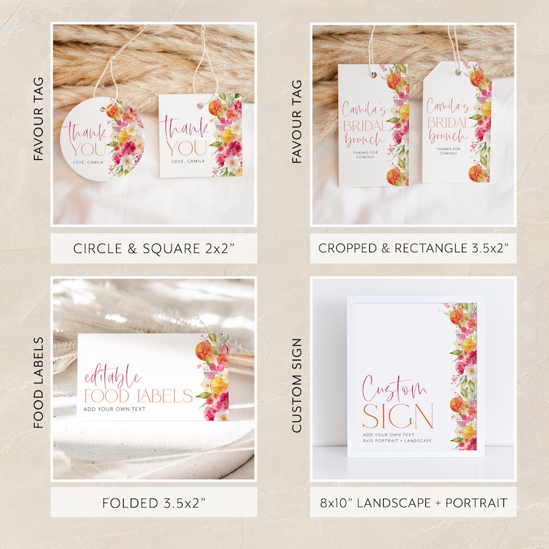 Puede incluir: Decoraciones imprimibles para un brunch de boda en un dise&ntilde;o floral de acuarela con acentos naranja y rosa. Incluye etiquetas de comida editables, etiquetas de favor y un letrero personalizado en varios tama&ntilde;os.