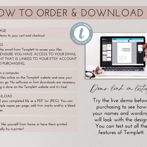 May include: A laptop displays a wedding invitation template with the text "charlotte wedward." The image includes instructions: "How to Order & Download," with steps for purchasing, accessing, editing, downloading, and printing. A demo link is available.