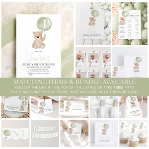 May include: A set of printable party decorations for a first birthday with a bear and balloon theme. The decorations include a welcome sign, a banner, cupcake toppers, a thank you card, and a time capsule. The color scheme is green and brown.