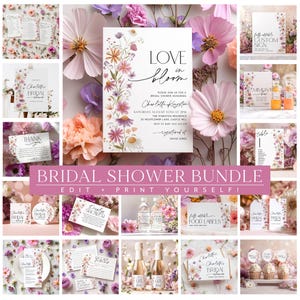 Love in Bloom Bridal Shower Invitation Bundle, Wildflower Bridal Shower, Pink Floral Games, Printable Wildflower Bridal Shower Bundle Floral
