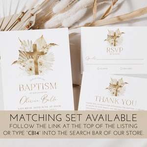 May include: A set of baptism invitations and RSVP cards. The design features a gold cross and floral elements on a white background. The text includes "Baptism", "RSVP", and "Thank You". The cards are part of a matching set.