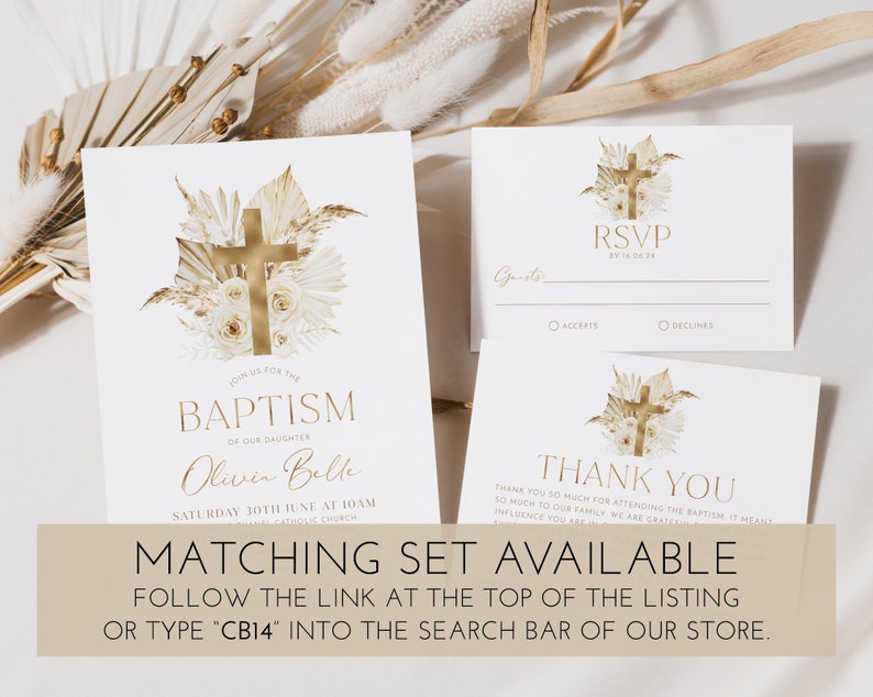 May include: A set of baptism invitations and RSVP cards. The design features a gold cross and floral elements on a white background. The text includes "Baptism", "RSVP", and "Thank You". The cards are part of a matching set.