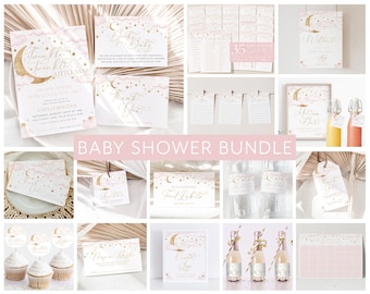 May include: A collection of baby shower stationery with a celestial theme. The designs feature gold stars, moons, and clouds on a pink and white background. Includes invitations, games, labels, and cupcake toppers. The text includes "Twinkle Twinkle Little Star".