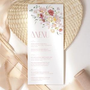 Floral Menu Template, Printable Bridal Shower Menu, Flower Menu, Editable Menu, Floral Bridal Menu Printable, Pink Flowers Menu Template